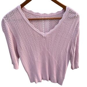 V neck scallop edge pointelle knit short sleeve sweater in lavender purple S